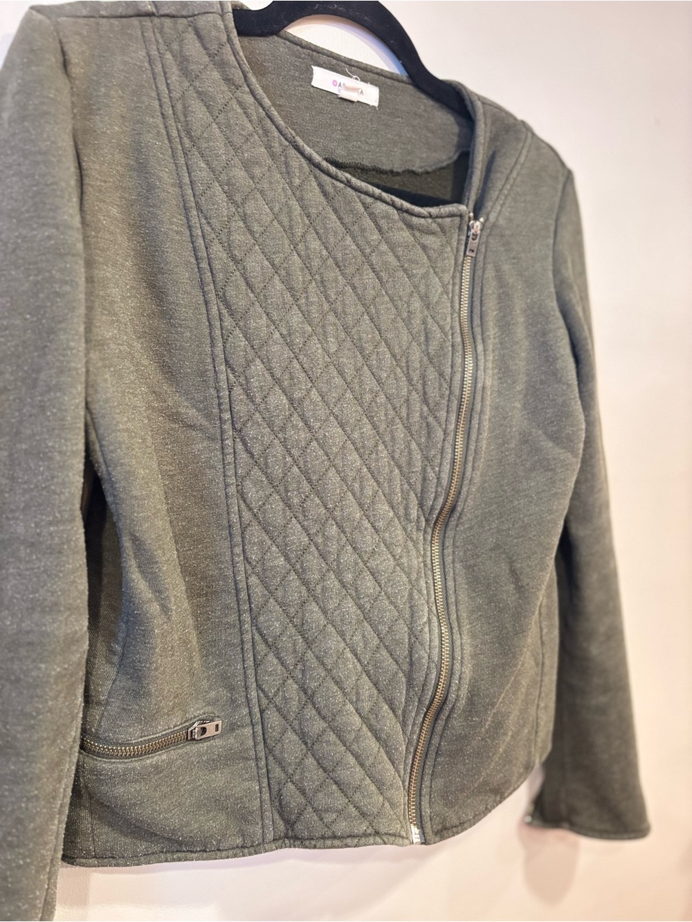 Athleta Belvedere Moto Jacket Olive Green Asymmetrical Zip Quilted Womens Medium - Picture 4 of 9